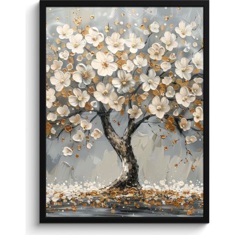 AFFICHE ENCADRÉE Arbre - Fleurs - Blanc - Nature - Art Tableau Décoration Murale 60x80 (1/5)