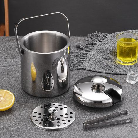 1,3-Liter-Eiskübel mit Deckel und Sieb, doppelwandiger Eiswürfelbehälter aus Edelstahl (1/5)
