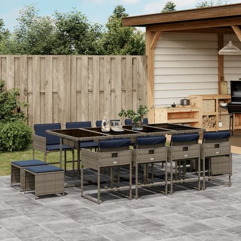 13-teiliges Garten-Ess-Set mit Kissen, grau, Polyrattan