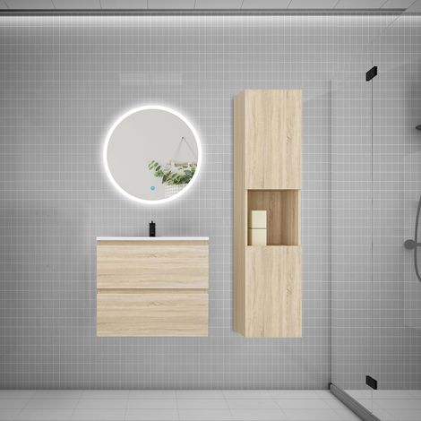 AICA Ensemble meuble vasque L.60cm 2 tiroirs + lavabo + LED miroir rond 60cm + colonne,chêne