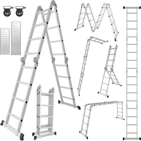 Jiubiaz Escalera multiposición 7 en 1 de aluminio, 4x4 peldaños, aprox. 470 cm / 4,7 m, plegable, 2 plataformas + 2 ruedas, carga máxima 150 kg (1/5)