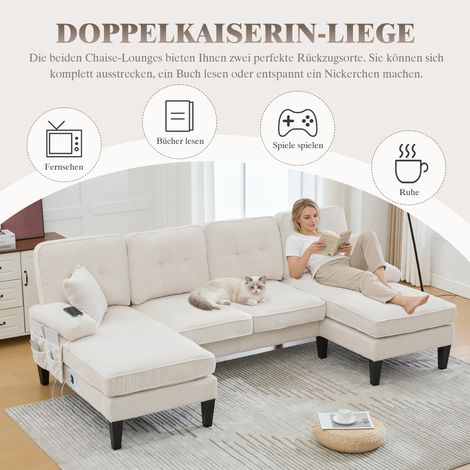 Canapé U 4 places beige en velours côtelé doux,chaise longue double intégrée,rembourrage confortable et structure robuste pour salon.
