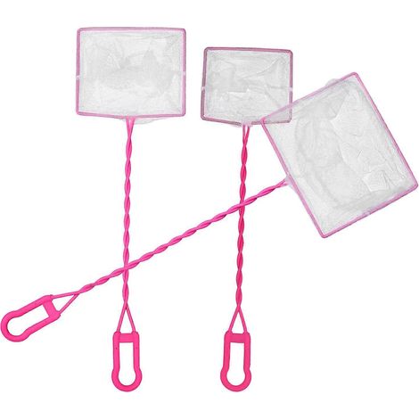 Épuisette de pêche manuelle pratique, long manche en plastique, maille fine, convient aux aquariums, rose, lot de 3. (1/5)