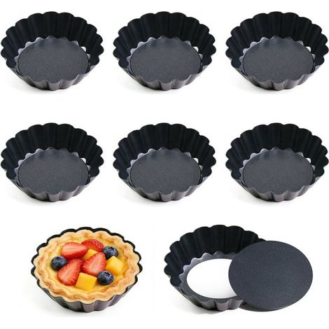Set di 6 stampi per crostate in acciaio al carbonio, misura M (9,8 x 9,8 x 1,8 cm), rivestimento antiaderente e fondo removibile, stampi per crostate a coste (1/5)