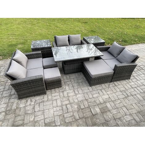 Fimous Polyrattan Gartenmöbel Set Einstellbare Höhe Esstisch Sofa Set mit Doppelsitz-Sofa 3 Hocker 2 Beistelltische Dunkelgrau Gemischt (1/5)