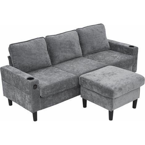 Gepolstertes Sofa und Couch mit USB- und Typ-C-Anschlüssen, 3-Sitzer-Sofa mit zwei Getränkehaltern für Wohnzimmer, Wohnung, Lounge und Schlafzimmer – L-förmiges Schlafsofa, Grau, Leinen (1/5)