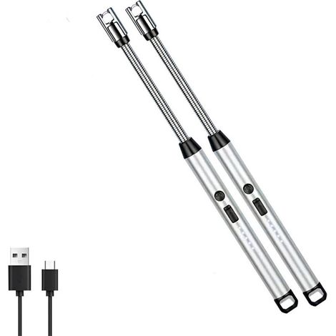 Set di 2 accendini elettrici antivento senza fiamma con collo flessibile a 360° e display a LED, ideali per falò e barbecue in campeggio, colore argento. (1/5)