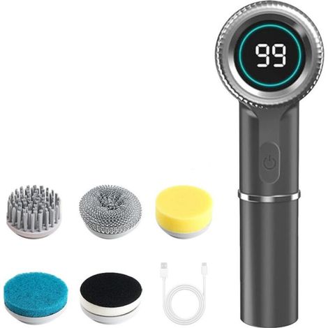 Cepillo de limpieza eléctrico para azulejos de cocina, baño y coche, con 5 cabezales reemplazables y pantalla LED, color gris. (1/4)