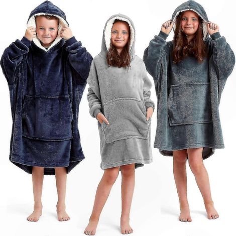 Couverture polaire à capuche enfant 6-14 ans, couverture portable surdimensionnée garçon fille, modèle douillet ajustable, veste couverture molletonnée oversize (1/2)
