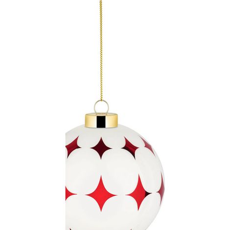 Alessi palla di Natale in vetro soffiato, decoro 6, Bianco rosso e oro, 9 cm, Delight