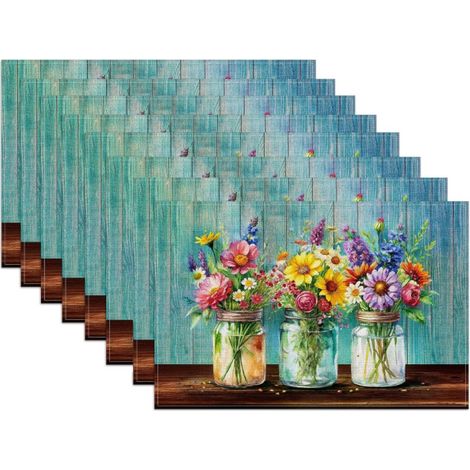 Juego de 8 manteles individuales rústicos con diseño de jarrón floral, fabricados en poliéster, 45 x 30 cm, estilo campestre. Decoración floral primaveral para la cocina. (1/5)