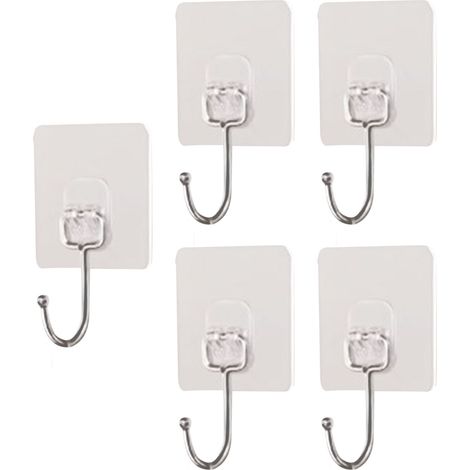 Lot de 5 crochets adhésifs pour suspendre des objets. Crochets muraux robustes en acier inoxydable et ABS transparent sans joint, pour la chambre, le salon, la cuisine et la salle de bain. Grande tail (1/5)