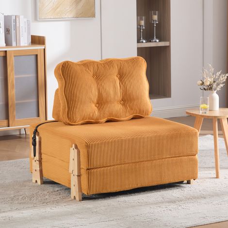 Fauteuil Convertible en Lit, Dossier Rembourré et Design Pliant, Pieds en Bois, Velours Côtelé Orange (1/5)