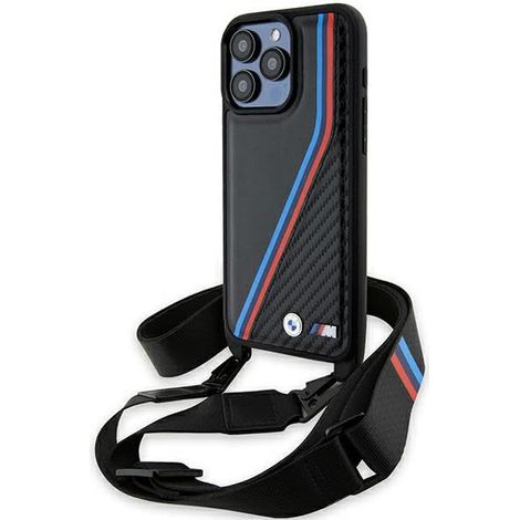 Coque rigide noire BMW BMHCP15L23PSVTK pour iPhone 15 Pro 6,1" Édition M Carbon Tricolor Lines avec dragonne