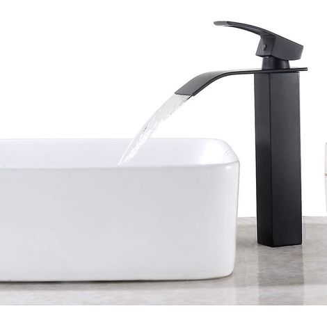 robinet Lavabo Cascade Noir, Haut Mitigeur Vasque Poser Salle De Bain, Robinetterie Grand Bec Carr En Laiton, Eau Chaude Et Froide Disponible, Ro