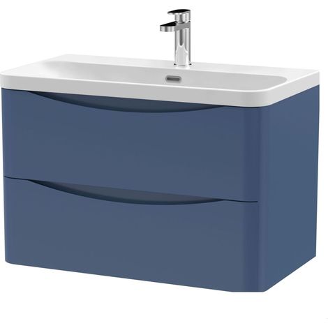 Balterley Dunwood Modern Bathroom Wall Hung 2 Drawer Vanity Unit & Ceramic Basin, Satin Blue, 800mm (1/4)
