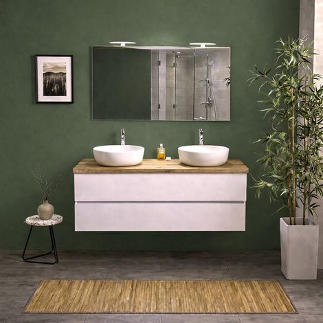 Mobile Bagno Sospeso 120Cm Bianco Export E Top Rovere Naturale, Specchio 120X60 Con 2 Lampade Berlin