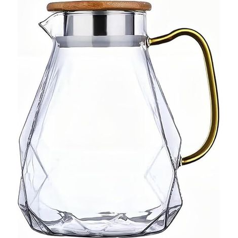 Glaskanne mit Holz Deckel Borosilikatglas Krug Eistee Kanne Glas Saftkrug Glaskrug Wasserkrug Teekanne Kühlschrank Getränke Tee Karaffe für Cocktail Kaffee Milch Wein,1500ml