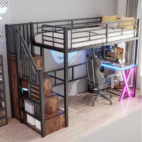 Cama alta infantil 90x200 cm de metal negro, con escritorio y almacenaje FloraGrace (1/5)