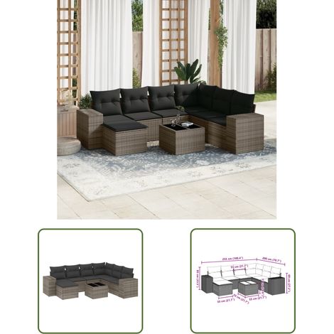 The Living Store 8-tlg. Garten-Sofagarnitur mit Kissen Grau Poly Rattan - Gartenmöbel Set - PE-Rattan Möbel - Outdoor Lounge - Esstisch Set - Balkonmöbel (1/3)