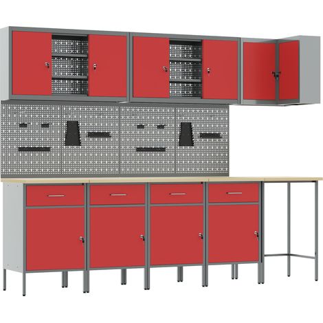 12 Piece Work Cabinet and Pegboard Set Red MDF and Metal vidaXL (1/5)