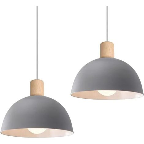 Lot de 2 Lustre Suspension Rétro Suspension Luminaire Moderne Style Demi-Cercle Plafonnier E27 en Bois Métal Vert, Ø 20CM (1/5)