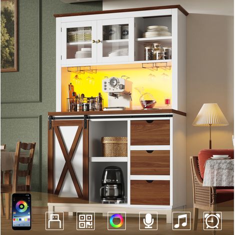 REDOM - Credenza alta 104x40x180 cm, illuminazione LED, porta scorrevole in vetro, ripiani regolabili, MDF metallo vetro bianco (1/5)