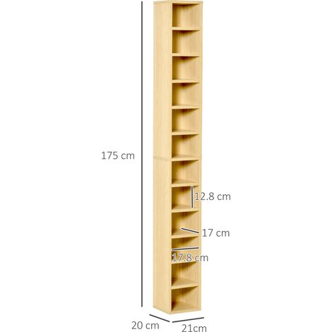 Bibliothèque CD à 12 niveaux (contient 204 CD), en MDF et aggloméré, 21x20x175 cm, grain de bois. (1/5)