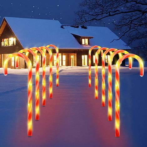 Guirlandes lumineuses LED de Noël en forme de cannes – Lot de 10 pour décoration extérieure, balisage de chemin de jardin ou balcon (1/5)