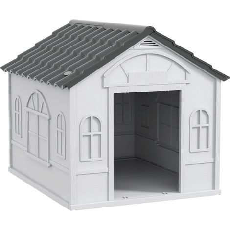 Maisonnette pour chien avec toit en pente, plastique résistant, 65 x 75,7 x 63 cm, gris (1/5)