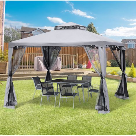Pavillon de jardin 294x294 cm avec 4 parois moustiquaires, double toit ventilé, polyester gris anthracite (1/5)