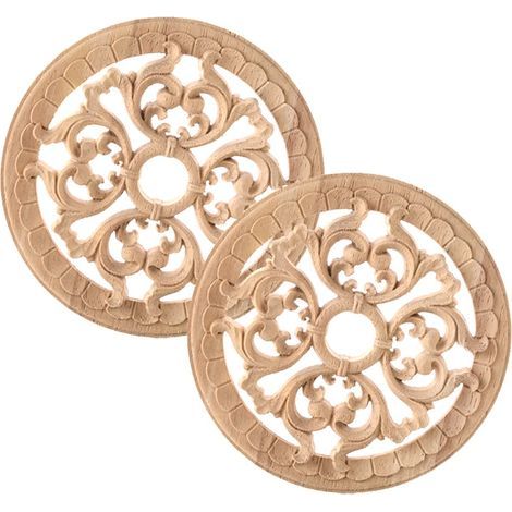 Moulure Decorative Bois 2 Pièces Applique en Bois Décalque Sculpté Rond Sculpté Bois Naturel Sculpté Meuble Sculpté Onlay Applique en Bois pour La Décoration de Meubles de Maison,14cm (1/5)