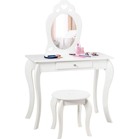 COSTWAY Tocador con Taburete y Espejo para Niña de Madera 70x57x105 centímetros Mesa de Maquillaje con Cajón (Blanco) (1/5)