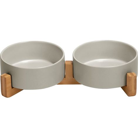 Gamelle double en céramique SPUNKYJUNKY pour chiens et chats avec support en bambou (400 ml, 2-Gris)