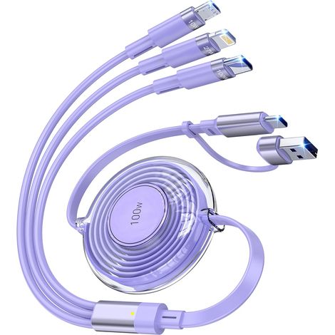 100W Multi USB Câble Charge, 6-en-1 Rétractable USB C/Lightn-ing/Micro Multi Chargeur Câbles pour iPhones, iPads, MacBooks, Tablettes, Galaxy, Note et Plus - 1.2M 5A Charge Rapide & Portable, Violet