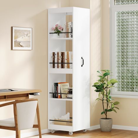 Bibliothèque 40x30x160 cm Étagère Haute avec Roulettes et Barres de Protection, Meuble de Rangement pour Cuisine, Bureau et Salle de Bain - Blanc (1/5)