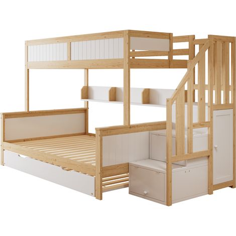 Litera infantil con cama nido, armario y escalera de almacenaje, pino MDF, blanco natural (1/5)