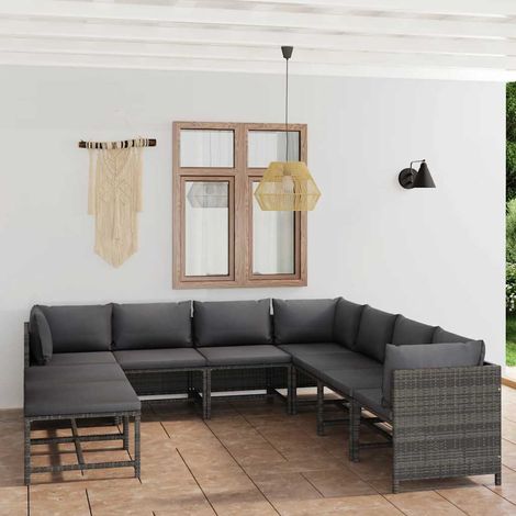 Salon de jardin 9 pcs Ensemble Table et Chaise de Jardin - avec coussins Résine tressée Gris BV375196 - BonneVie (1/5)