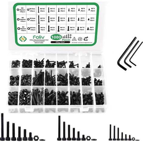 Kit de 1080 vis à tête hexagonale creuse en acier au carbone M2 M3 M4 avec écrous assortis (noir) (1/5)