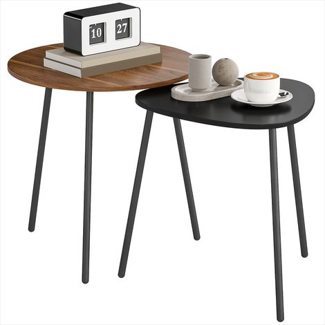 Lot de 2 tables gigognes design contemporain en métal et MDF, finition noyer et noir, formes ronde et triangulaire (1/5)