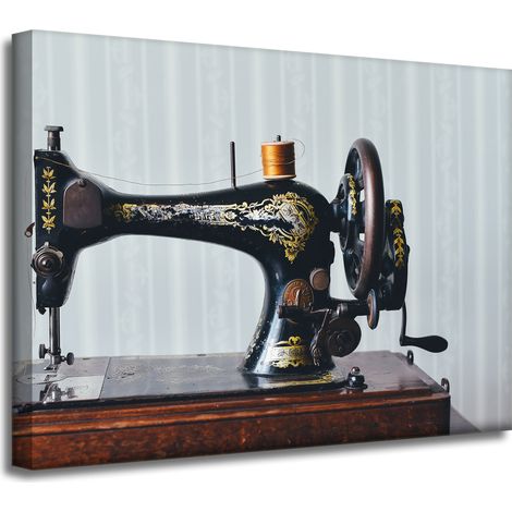 Lienzo impreso con máquina de coser vintage, 40x30 cm, aguja de sastre e hilo.