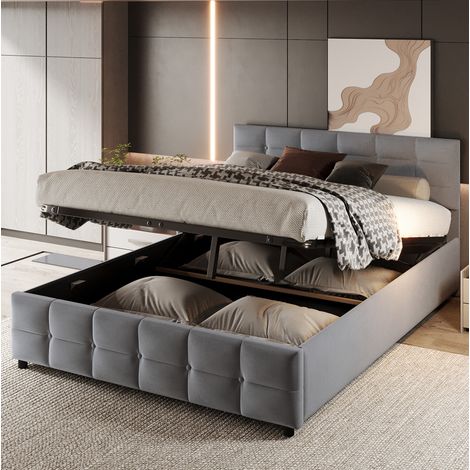 Cama tapizada 180x200 cm gris con somier de lamas y almacenaje hidráulico (1/5)