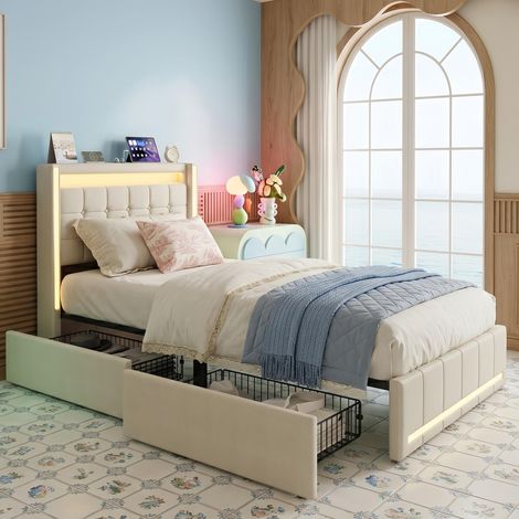Lit simple 90x190 cm avec 2 tiroirs, lit avce LED RGB et USB, sommier, Revêtement lin, Lit adolescent Beige (1/5)