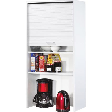 Beaux Meubles Pas Chers – Meuble de cuisine haut blanc avec rideau coulissant – 3 tablettes réglables – Dimensions L 60 x H 123.6 x P 35 cm – Éco-conçu en France