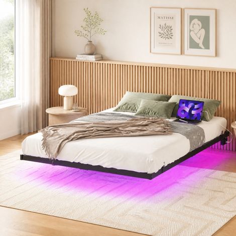 Letto fluttuante 120x200 cm in metallo nero con LED e stazione di ricarica (1/5)