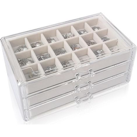 Boîte à Bijoux, Organisateur de Bijoux, Organisateur de Rangement pour Boucles d'Oreilles, Organiseur à 3 Niveaux avec 54 Petits Compartiments Empilables en Velours + Acrylique (1/5)