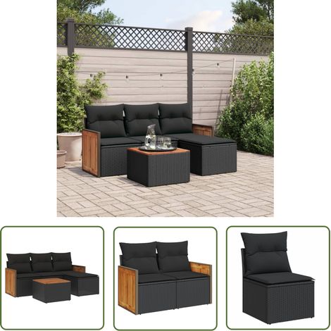 The Living Store Salon de jardin 5 pcs avec coussins noir résine tressée - Ensemble Salon De Jardin - Meuble De Jardin - Salon Extérieur - Mobilier De Jardin - Chaise Longue (1/5)
