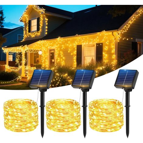 Lot de 3 Guirlande Lumineuse Exterieure Solaire, Guirlande Solaire Exterieur Totale 12m 100LED Étanche IP65 8 modes Fil de Cuivre Lampes Solaires pour Jardin, Terrasse, Mariage, Décoration de Noël (1/5)