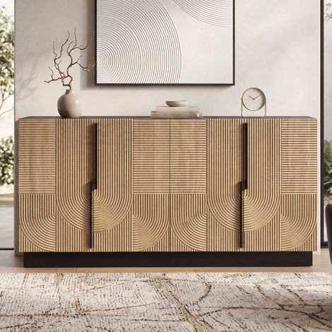 Meuble tv bas 160x42x76 cm avec 4 portes,finition relieffront avec poignées métal, pb et mdf, pour salon et salle à manger, Naturel (1/5)