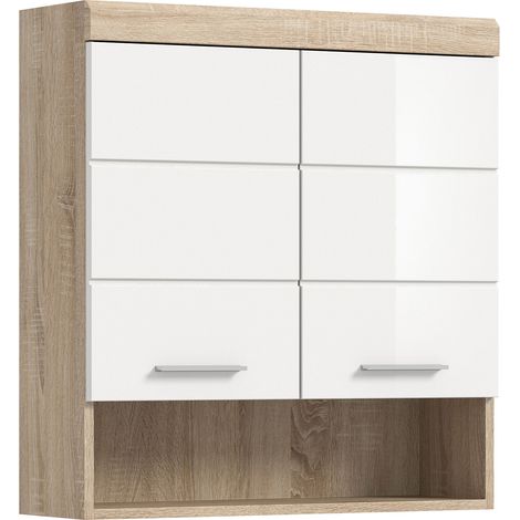 Meuble suspendu 2 portes 74x24x79 cm chêne et blanc - LAMBY